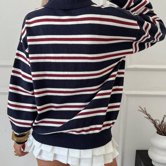 Navy Blue Casual Women's collar Striped knit Sweater top - Picture 2 of 7